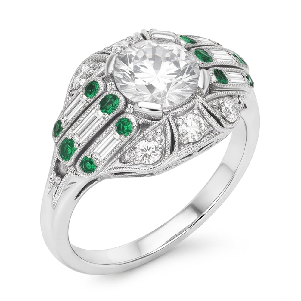 Round Old Mine Cut Genuine Natural Earth Mined Diamond Ring Baguette & Green Sapphire 3.25 Carats