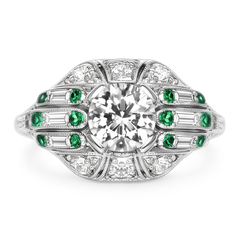 Round Old Mine Cut Genuine Natural Earth Mined Diamond Ring Baguette & Green Sapphire 3.25 Carats
