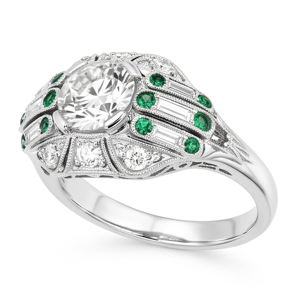 Round Old Mine Cut Genuine Natural Earth Mined Diamond Ring Baguette & Green Sapphire 3.25 Carats
