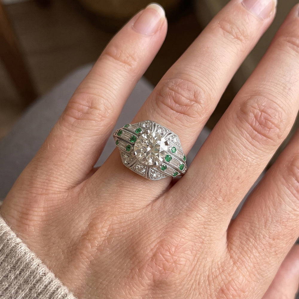Round Old Mine Cut Genuine Natural Earth Mined Diamond Ring Baguette & Green Sapphire 3.25 Carats