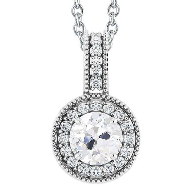 Round Old Mine Cut Halo Natural Diamond Pendant 4 Carats White Gold 14K