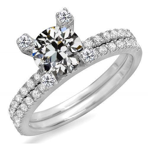 Round Old Mine Cut Natural Diamond Engagement Ring Set 5 Carats Jewelry