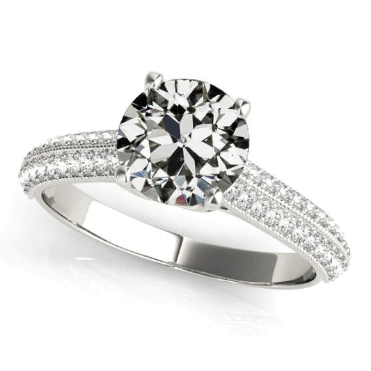 Round Old Mine Cut Real Diamond Ring Double Row Accents 4.75 Carats