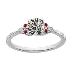 Round Old Mine Cut Real Diamond & Ruby Lady's Ring White Gold 3 Carats