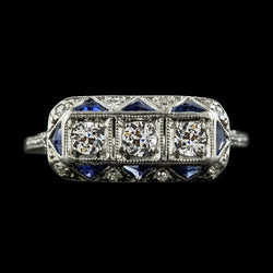 Round Old Mine Cut Real Natural Earth Mined Diamond & Trillion Sapphire Gemstone Ring 4 Carats