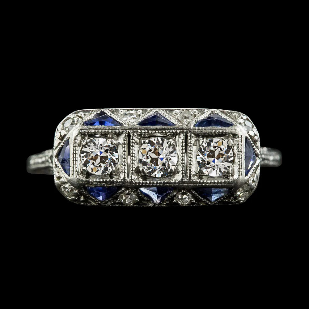 Round Old Mine Cut Real Diamond & Trillion Sapphire Gemstone Ring 4 Carats