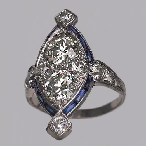 Round Old Miner Natural Diamond Ring & Baguette Sapphire 1.75 Carats