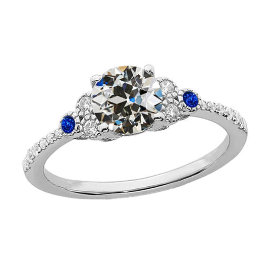 Round Old Miner Natural Diamond & Sri Lankan Sapphires Ring 3.75 Carats