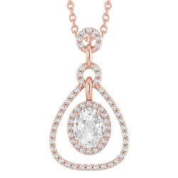 Round & Oval Old Cut Halo Real Diamond Pendant Rose Gold 4 Carats