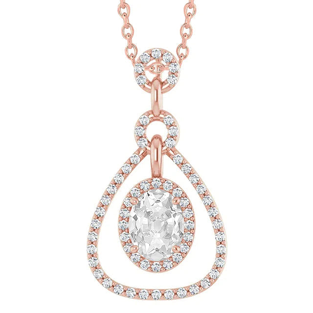 Round & Oval Old Cut Halo Real Diamond Pendant Rose Gold 4 Carats