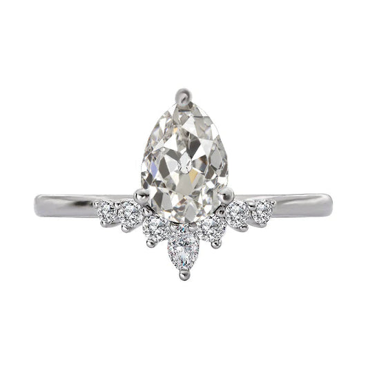 Round & Pear Old Cut Real Diamond Ring Gold Crown Style 3.50 Carats