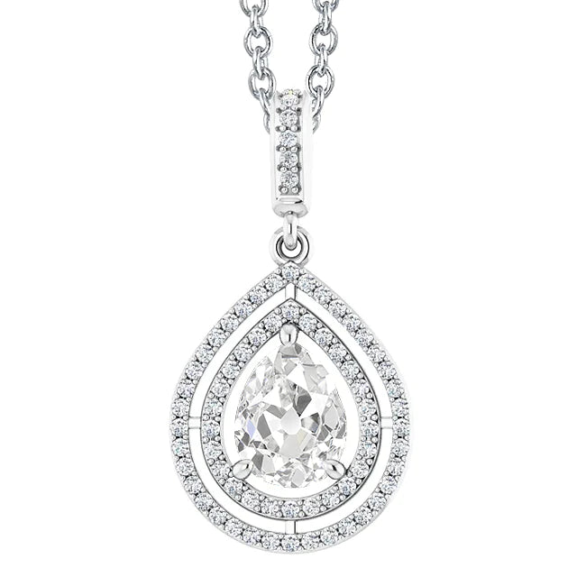 Round & Pear Old Mine Cut Halo Real Diamond Pendant Gold 3.50 Carats