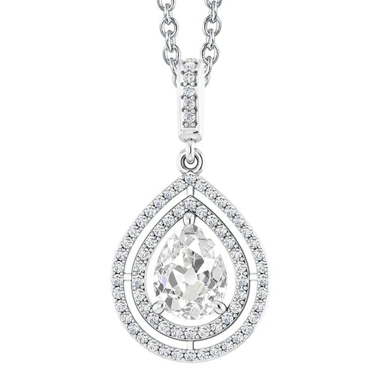 Round & Pear Old Mine Cut Halo Real Diamond Pendant Gold 3.50 Carats