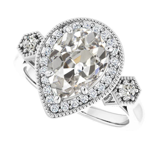 Round & Pear Old Mine Cut Real Diamond Ring 5 Prong Set 5.50 Carats