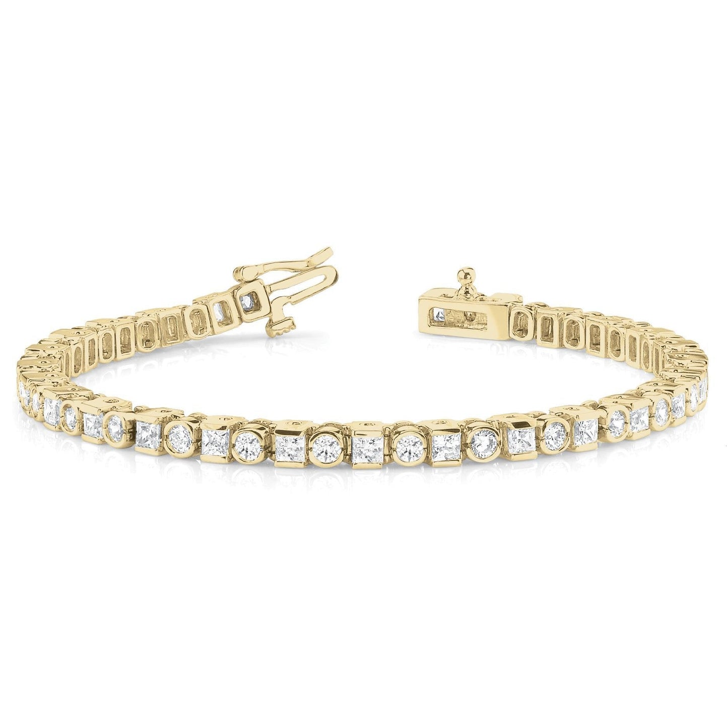 Round & Princess 7.35 Carats Real Diamond Tennis Bracelet Yellow Gold 14K