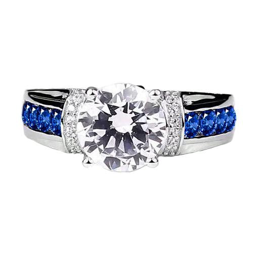 Round Real Diamond Accented Blue Sapphire Stones Ring 3 Carats