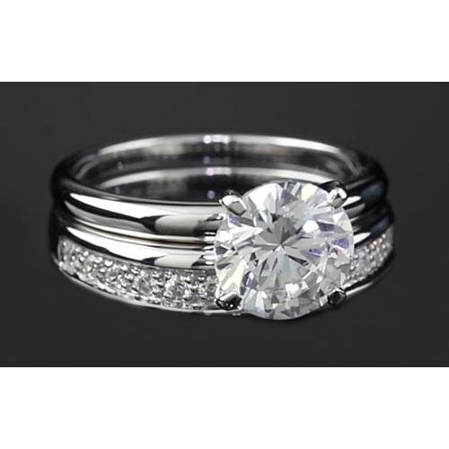 Round Real Diamond Anniversary Ring Set 3 Carats Prong Set White Gold 14K