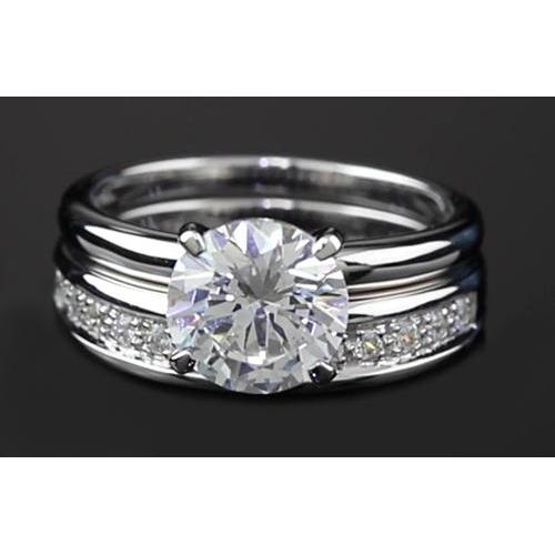 Round Real Diamond Anniversary Ring Set 3 Carats Prong Set White Gold 14K