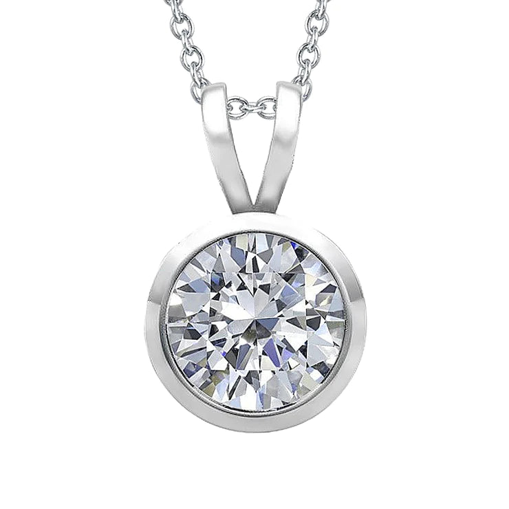 Round Real Diamond Necklace Pendant With Chain Bezel Set 1.50 Carat WG 14K