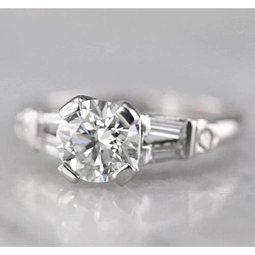 Round Real Diamond Ring 1.75 Carats With Baguettes White Gold 14K