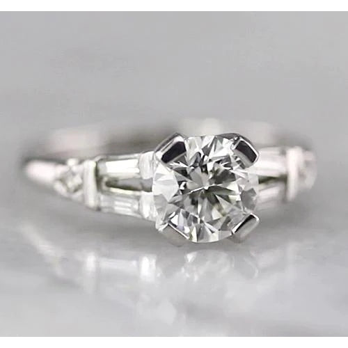 Round Real Diamond Ring 1.75 Carats With Baguettes White Gold 14K