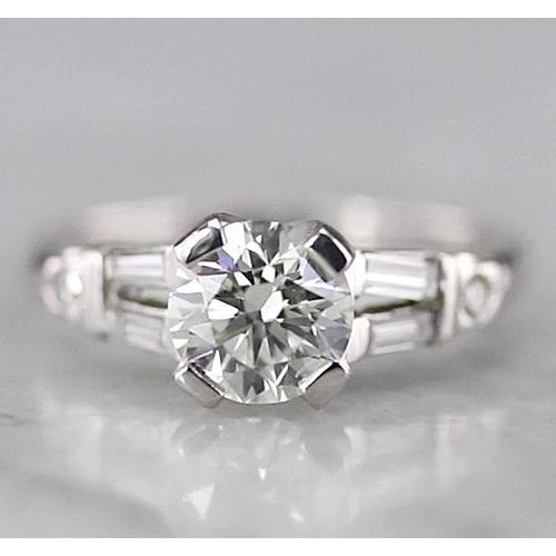 Round Real Diamond Ring 1.75 Carats With Baguettes White Gold 14K