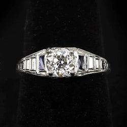 Round Real Natural Earth Mined Diamond Ring Old European Baguette Blue Sapphire 1.50 Carats