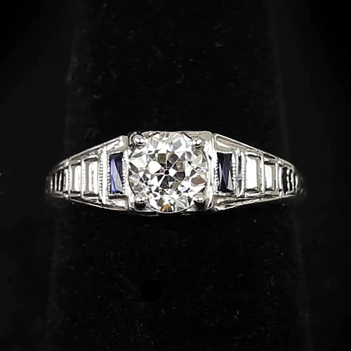 Round Real Diamond Ring Old European Baguette Blue Sapphire 1.50 Carats