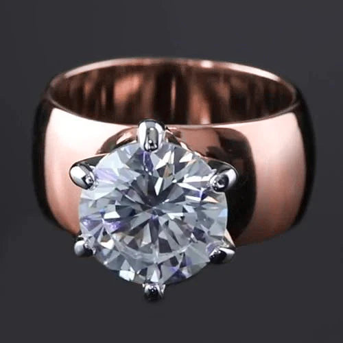 Round Real Diamond Solitaire Ring 2.50 Carats Thick Shank Two Tone 14K