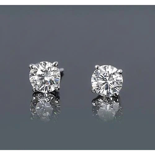 Round Real Diamond Stud Earrings 1.50 Carats Prong Style White Gold 14K