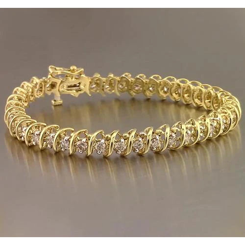 Round Real Diamond Tennis Bracelet 4 Carats Yellow Gold 14K F Vs1