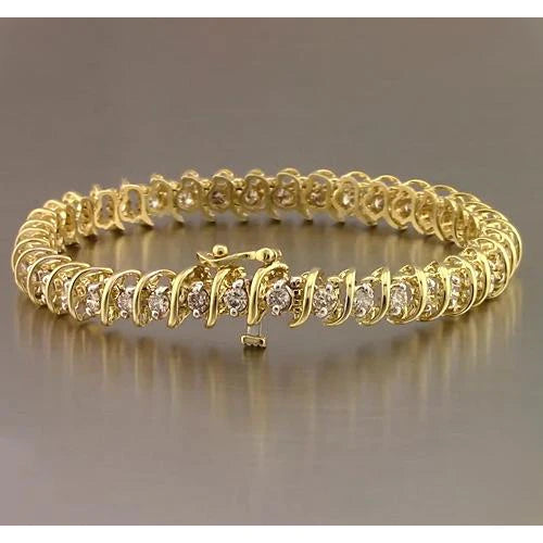 Round Real Diamond Tennis Bracelet 4 Carats Yellow Gold 14K F Vs1