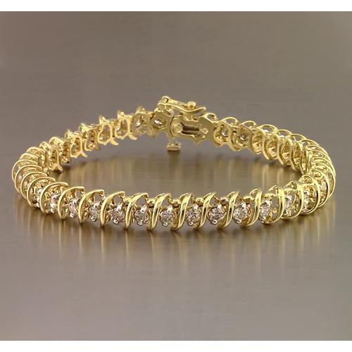 Round Real Diamond Tennis Bracelet 4 Carats Yellow Gold 14K F Vs1