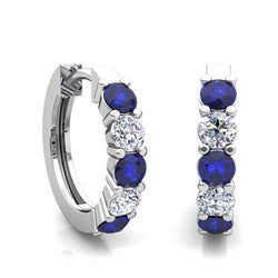 Round Sapphire And Natural Earth Mined Diamond Hoop Earrings