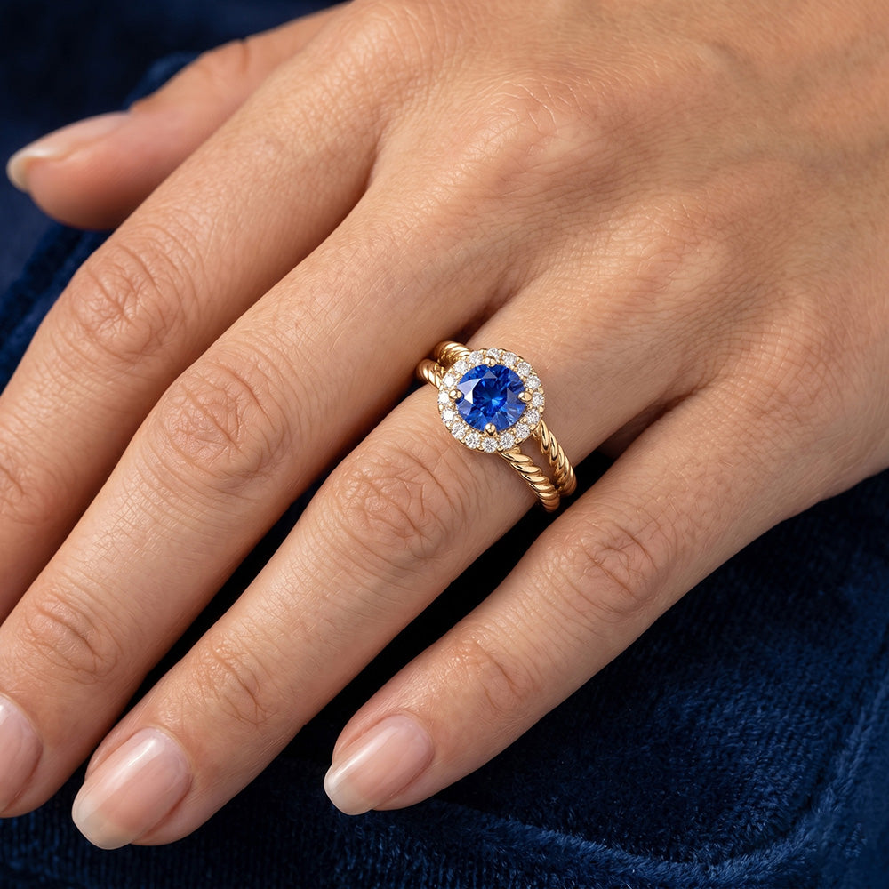 Round Sapphire And Natural Earth Mined DIAMOND ( NOT LAB GROWN ) Fancy Ring 2 Carats Yellow Gold 14K