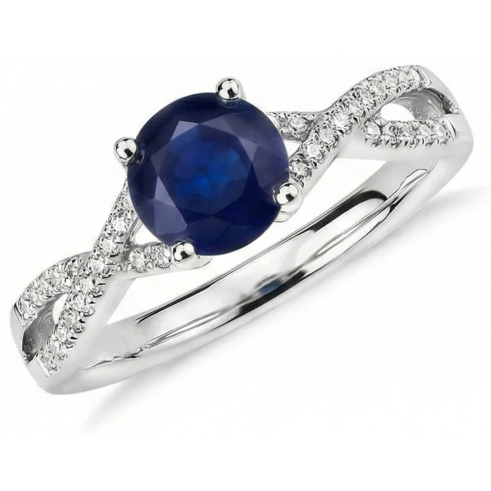 Round Sapphire And Natural Earth Mined Diamond Engagement Ring