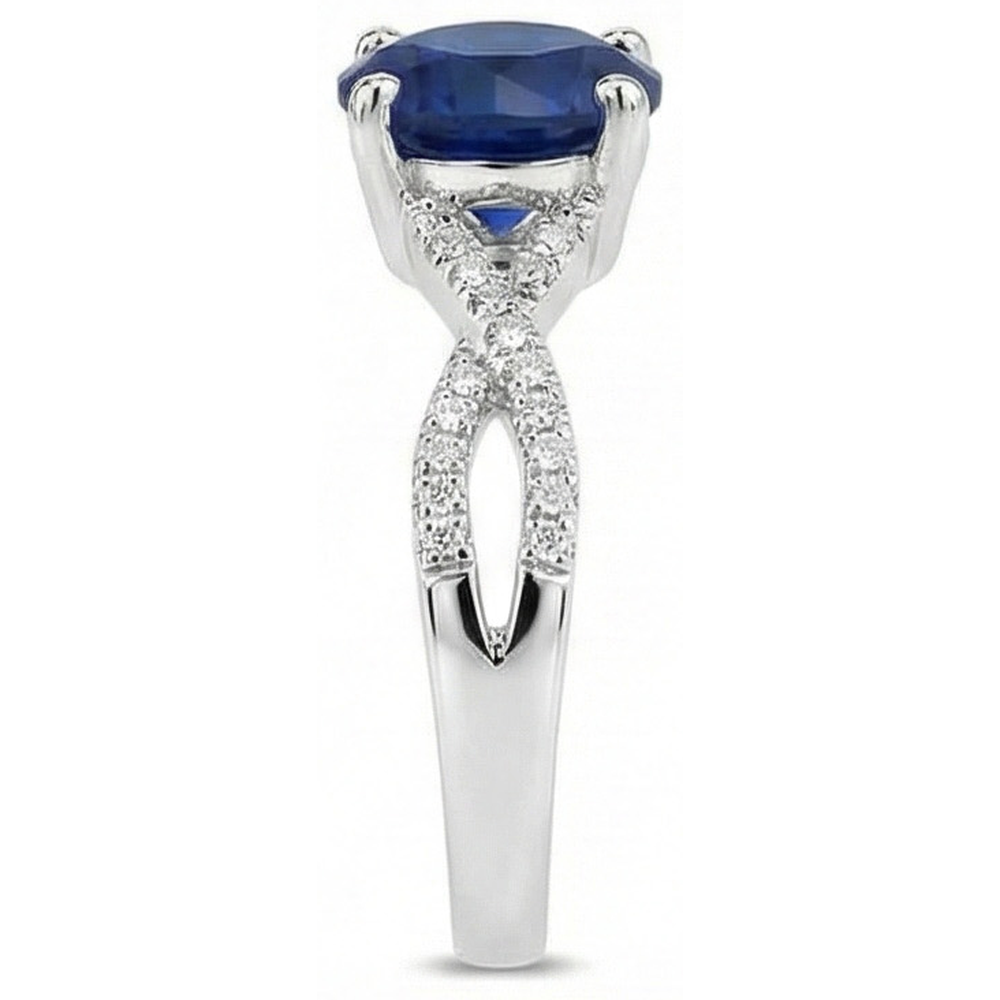 Round Sapphire And Natural Earth Mined Diamond Engagement Ring