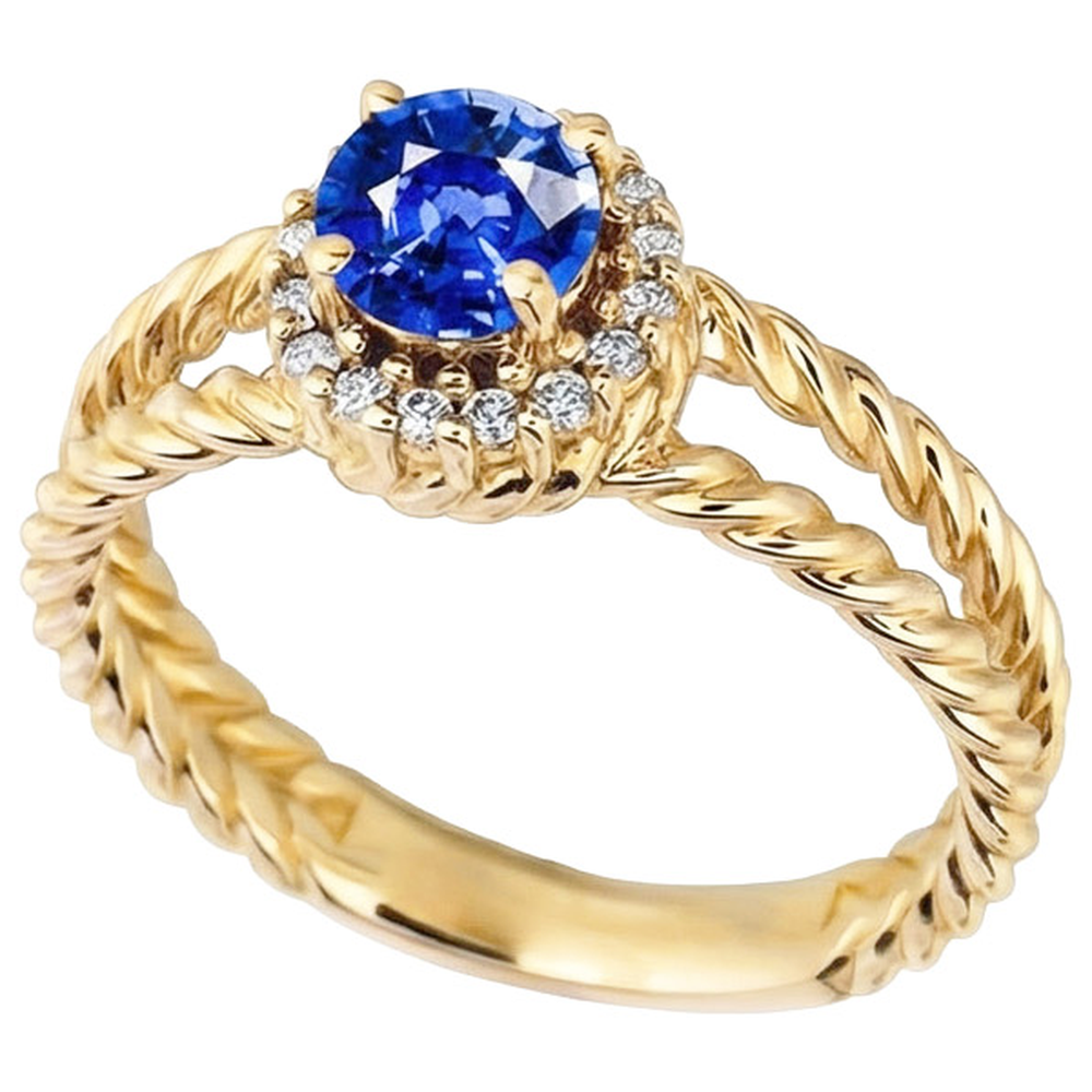 Round Sapphire And Natural Earth Mined DIAMOND ( NOT LAB GROWN ) Fancy Ring 2 Carats Yellow Gold 14K