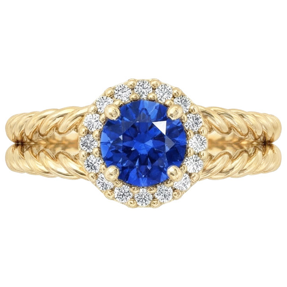 Round Sapphire And Natural Earth Mined DIAMOND ( NOT LAB GROWN ) Fancy Ring 2 Carats Yellow Gold 14K