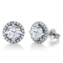 Round Shaped Halo Real Diamond Stud Earrings 1.90 Carats White Gold 14K