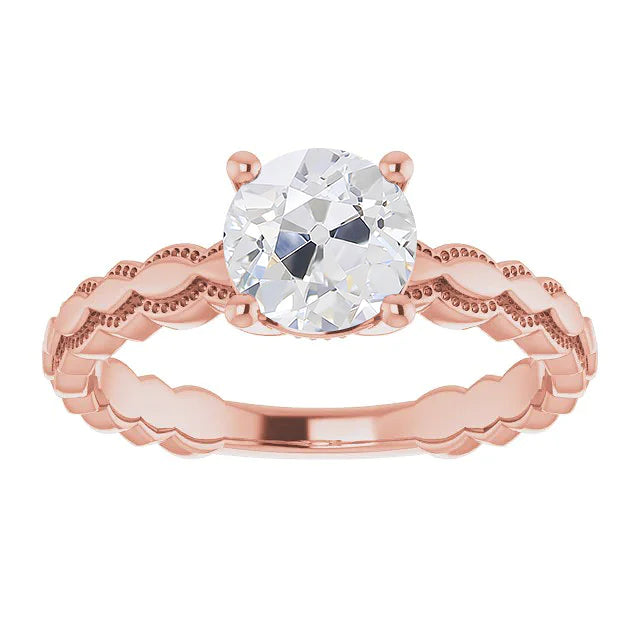 Round Solitaire Old Mine Cut Real Diamond Ring 2 Carats Milgrain Shank