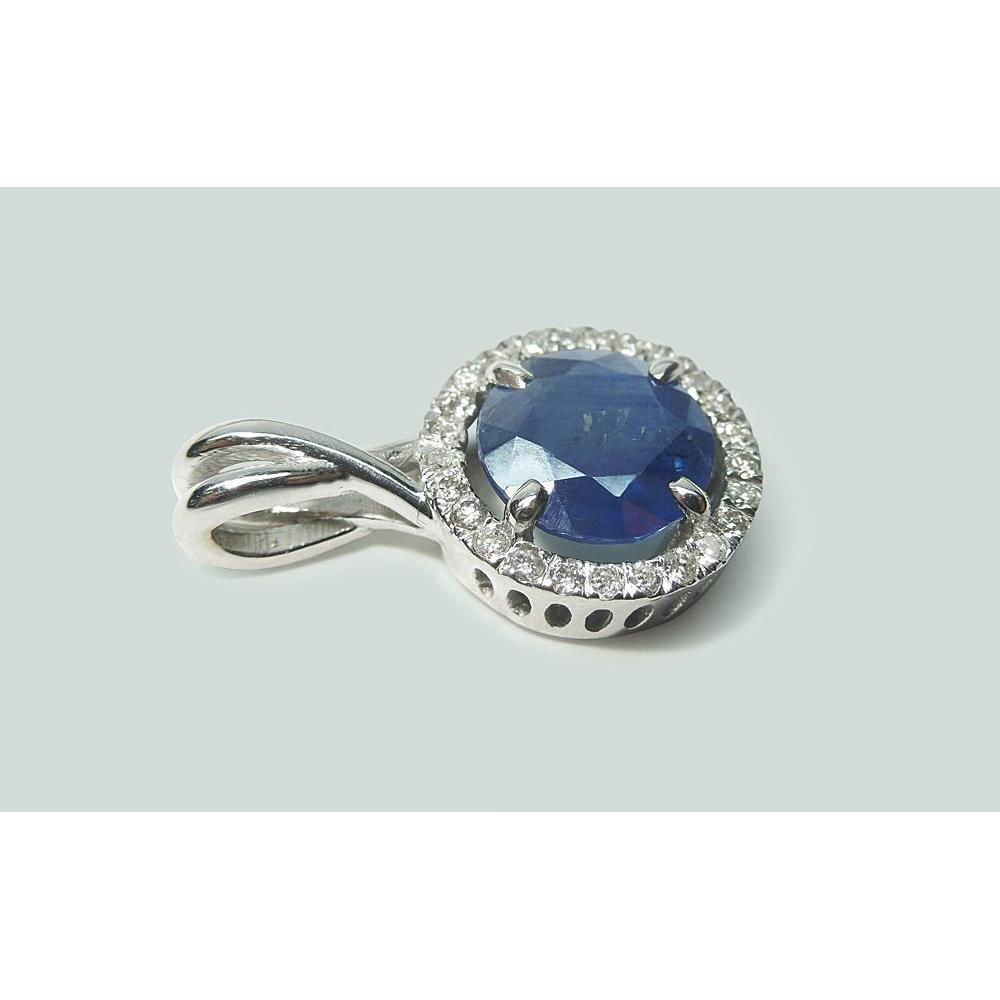 Round Sri Lanka Sapphire Diamond Women Necklace Pendant 2.20 Ct.