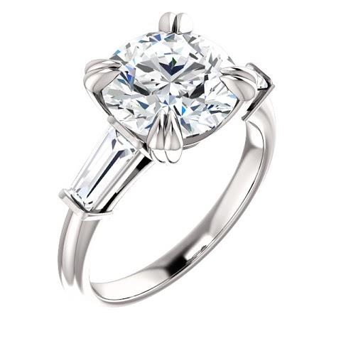 Round With Baguette Real Diamond 3 Stone Ring White Gold 2.30 Carats