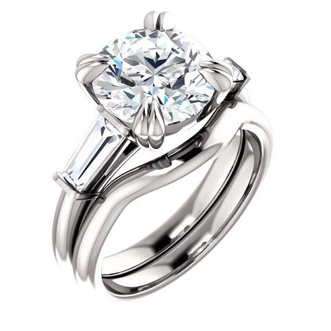 Round With Baguette Real Diamond 3 Stone Ring White Gold 2.30 Carats