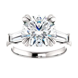 Round With Baguette Real Diamond 3 Stone Ring White Gold 2.30 Carats