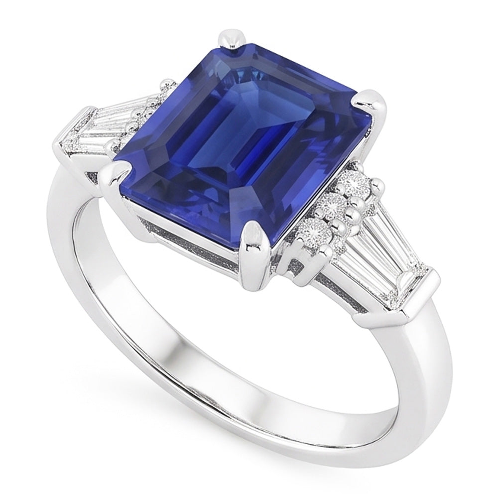 Round & Baguette Natural Earth Mined Diamond Sri Lankan Sapphire Ring Emerald Cut 4 Carats