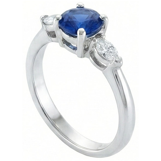 Round & Marquise Ceylon Blue Sapphire Natural Earth Mined DIAMOND ( NOT LAB GROWN )s Ring White Gold 2.50 Ct