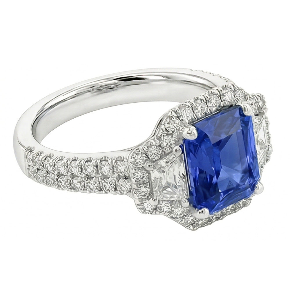 Round & Trapezoid Natural Earth Mined Diamond Halo Sapphire Engagement Ring 4 Carats