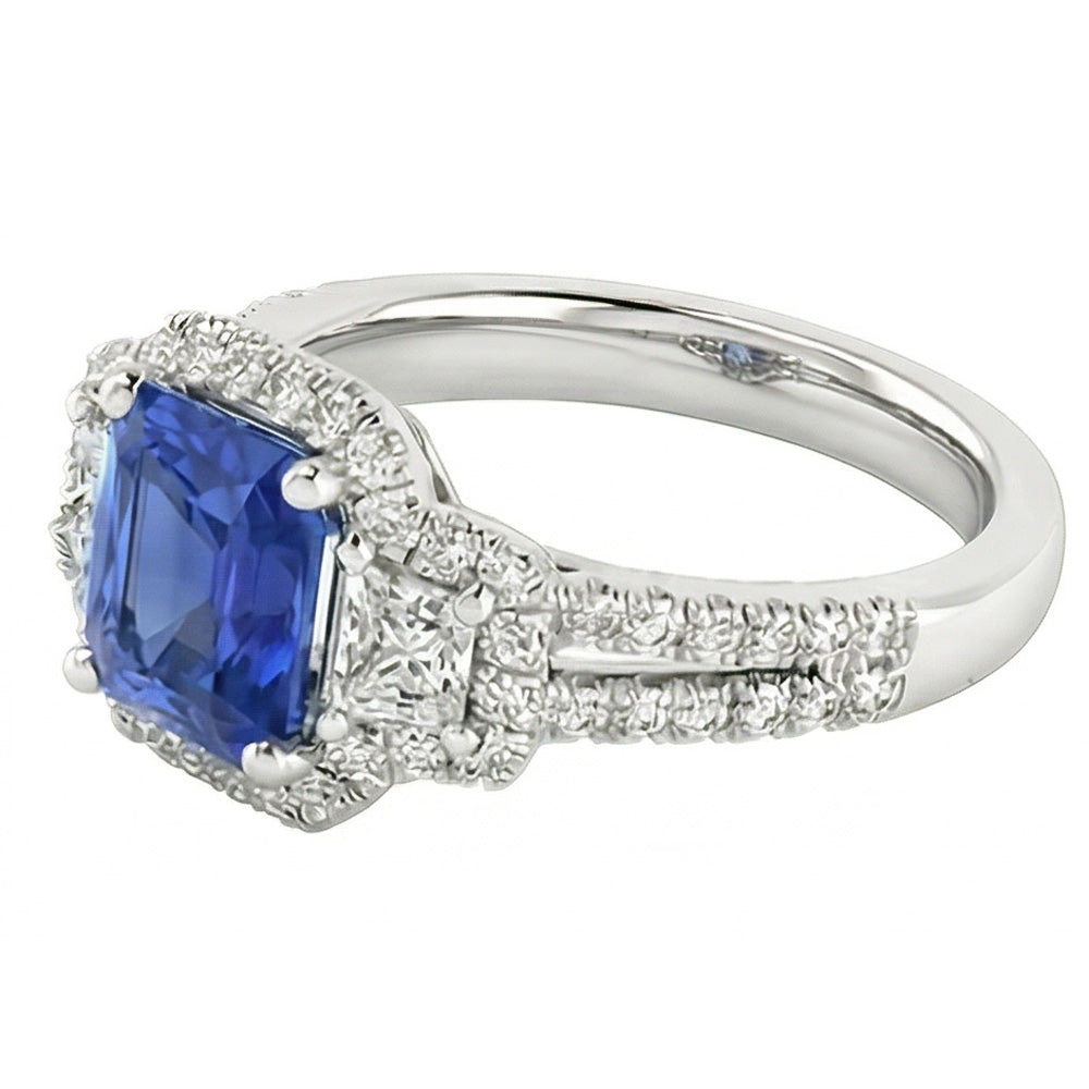 Round & Trapezoid Natural Earth Mined Diamond Halo Sapphire Engagement Ring 4 Carats