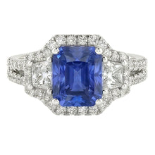 Round & Trapezoid Natural Earth Mined Diamond Halo Sapphire Engagement Ring 4 Carats